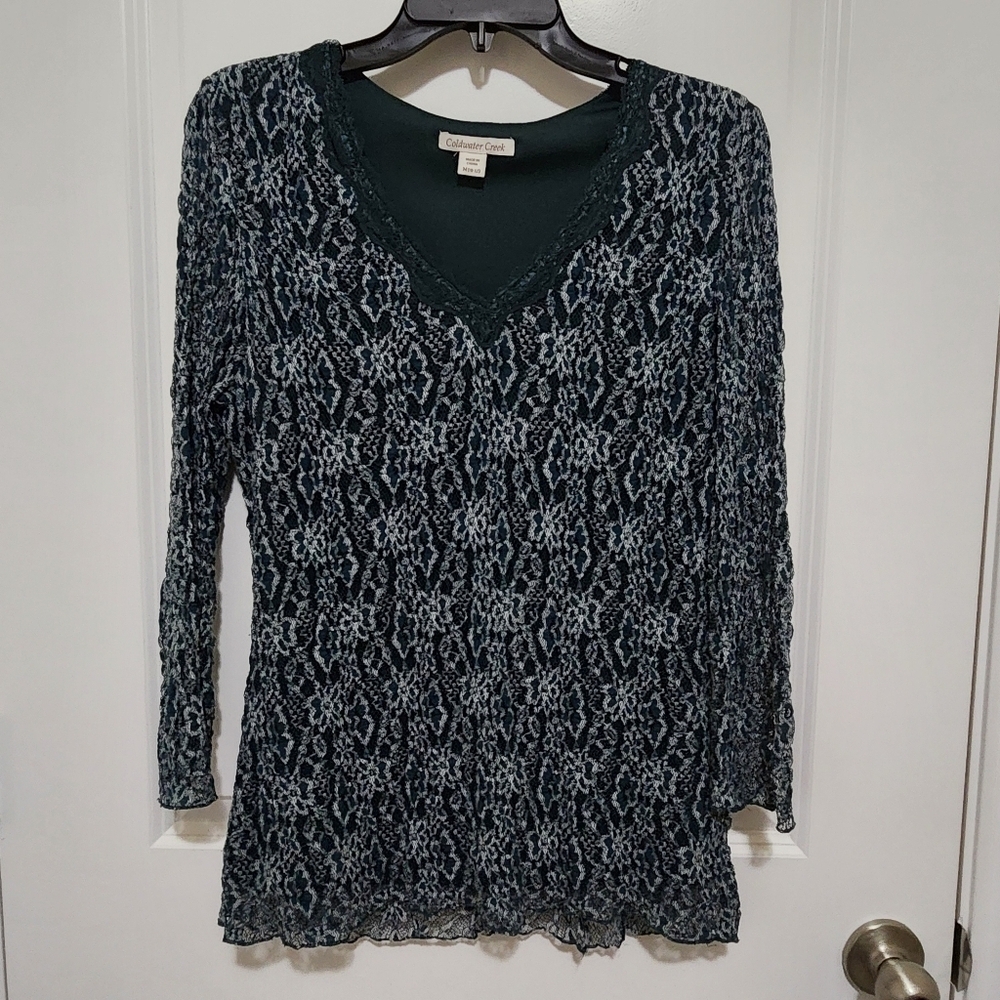 Coldwater Creek M Lace Overlay V-neck Dark Teal Blouse Sheer 3/4 Sleeve Fairy